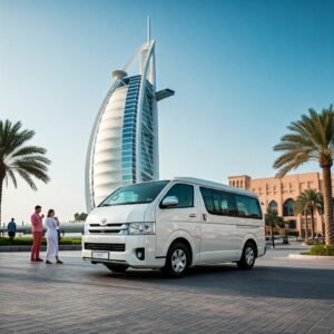 A stunning image of a white Toyota Hiace parked near the iconic Burj Al Arab hotel in Dubai. Tourists can be seen taking pictures in front of the hotel, capturing the vibrant atmosphere of the city. The image showcases the luxurious and spacious interior of the Toyota Hiace, perfect for group travel and sightseeing in Dubai. offer by royal rider bus rental dubai