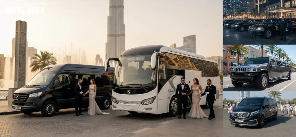 Royal Rider luxury bus and VIP Mercedes Sprinter parked in Downtown Dubai near Burj Khalifa
