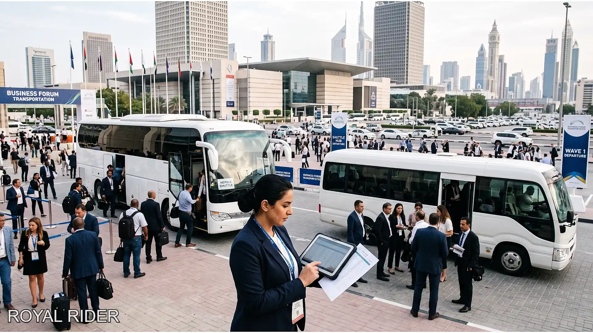 Dubai World Trade Centre transportation with buses and business delegates
